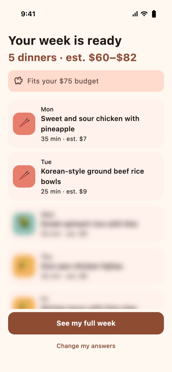 Mealpenny showing a week of 5 dinners with an estimated cost range that fits a $75 budget